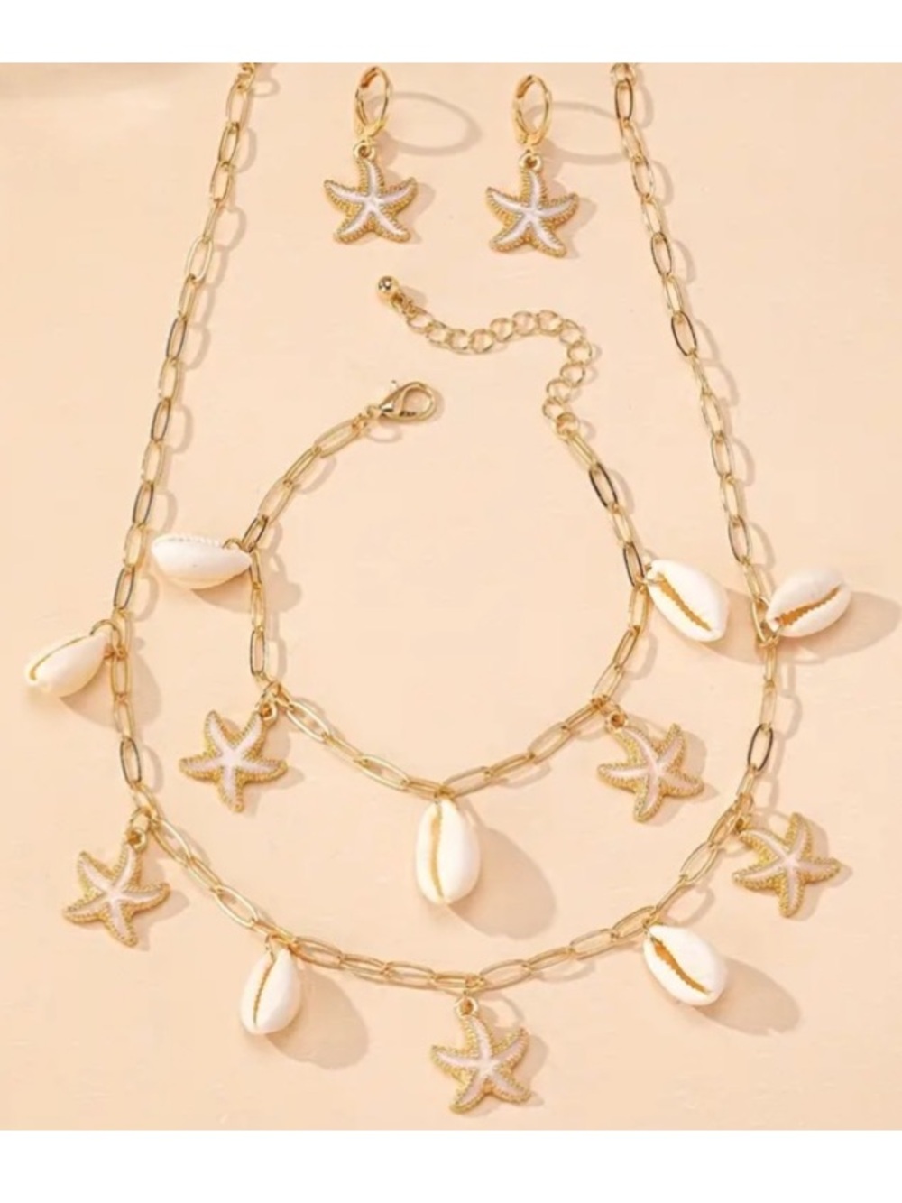 White Starfish & Seashell Paperclip Necklace Bracelet & Leverback Earrings Set